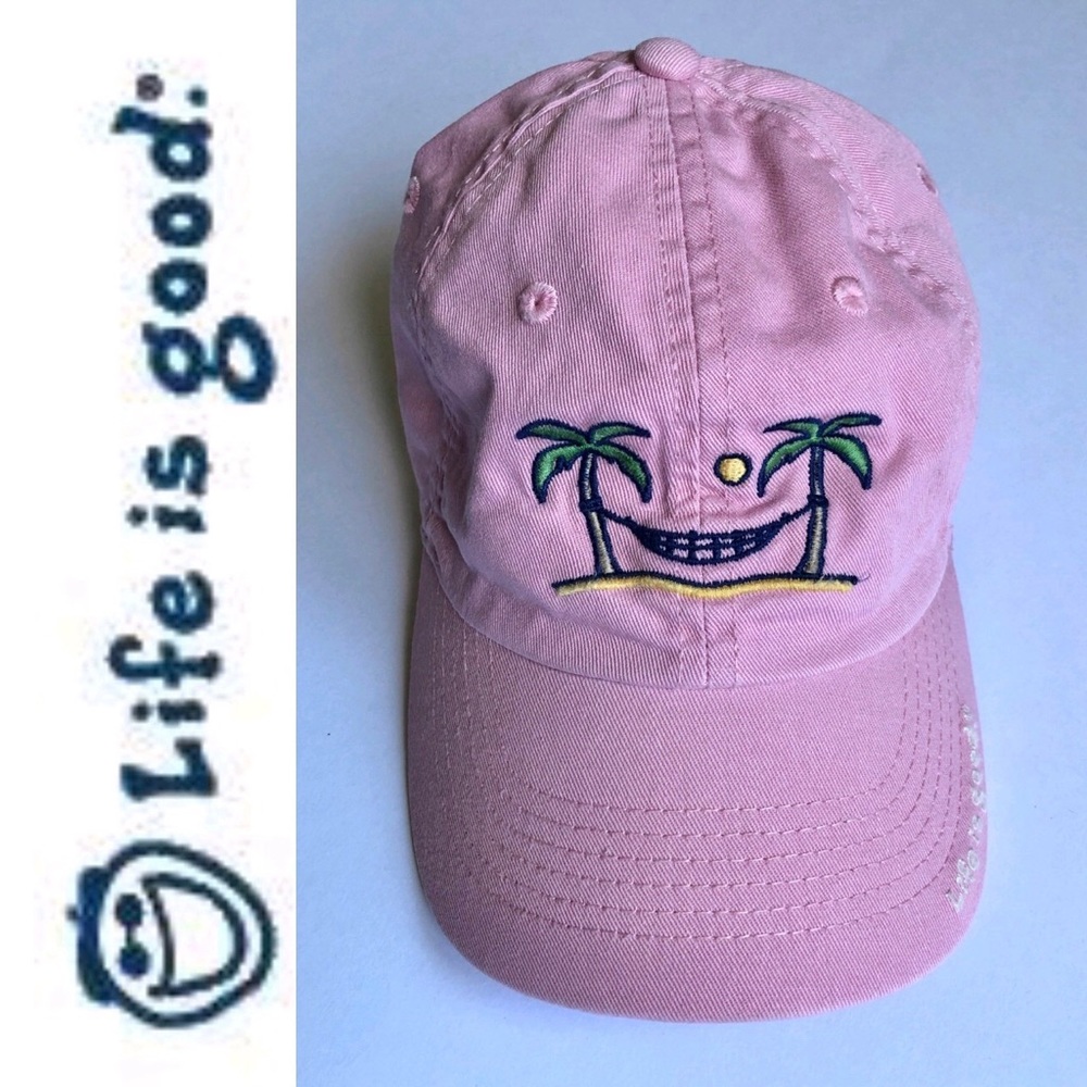 LIFE IS GOOD Chill Cap Hat Baseball Palm Tree Sunset Hammock Pink Women's